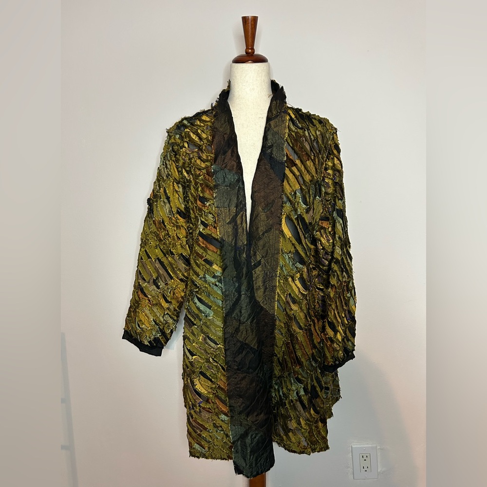 TIM HARDING Green Bronze Iridescent Textured Sheer Ruffled Overcoat Jacket OOAK